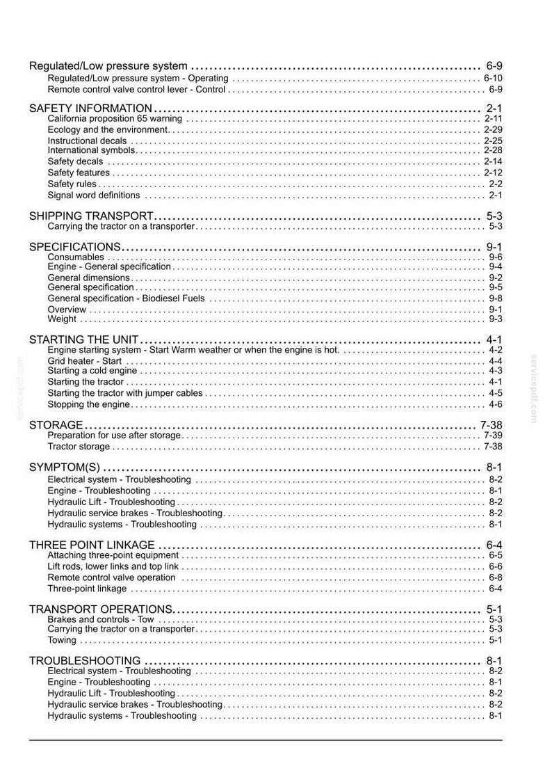 K&ouml;nnte beinhalten: Eine schwarz-wei&szlig;e Inhaltsverzeichnisseite aus einem technischen Handbuch mit &Uuml;berschriften wie Safety Information, Specifications, Starting the Unit, Storage, Symptom(s), Three Point Linkage, Transport Operations und Troubleshooting.