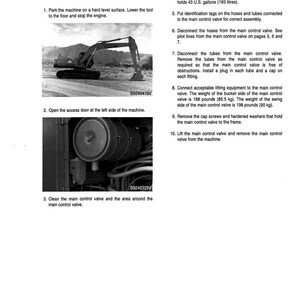 May include: A technical manual page titled "Main Control Valve" with instructions and diagrams for machinery maintenance. Includes steps for removal, with images of the machine and valve components. The manual is printed in the U.S.A.