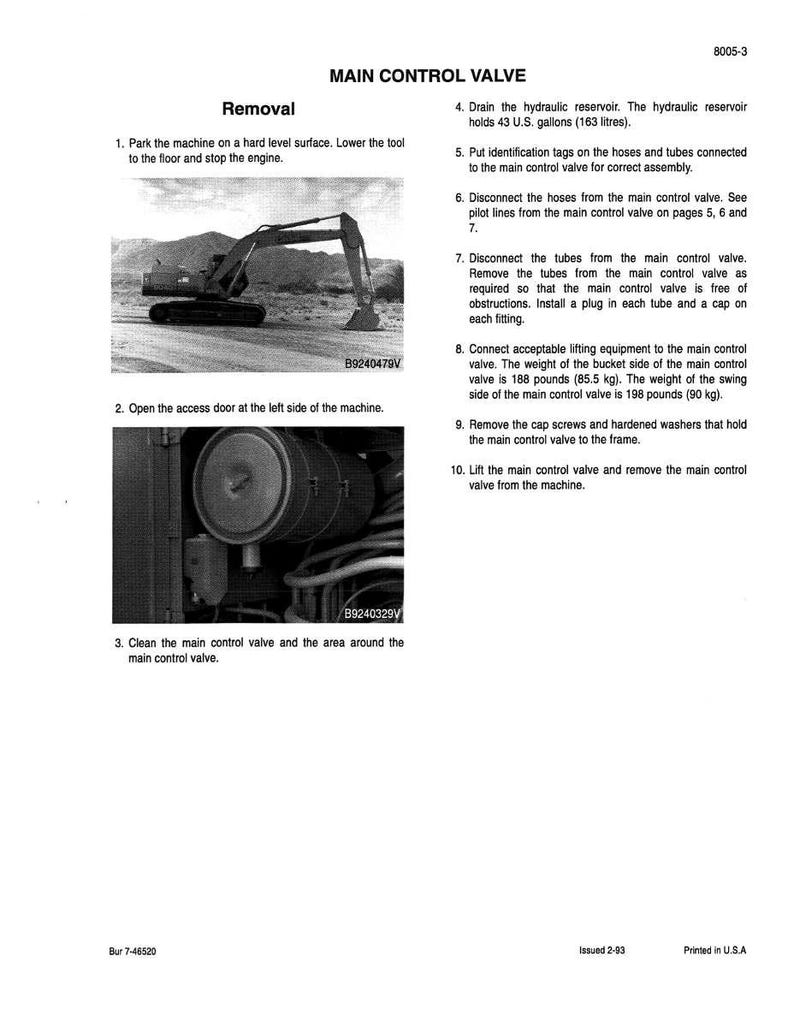 May include: A technical manual page titled "Main Control Valve" with instructions and diagrams for machinery maintenance. Includes steps for removal, with images of the machine and valve components. The manual is printed in the U.S.A.