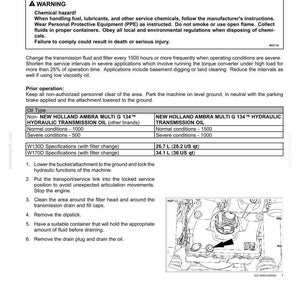 May include: A technical maintenance document page titled Transmission fluid and filter - Change. It includes a warning about chemical hazards, service intervals of 1500 hours, oil type specifications, and a diagram showing a drain plug location.