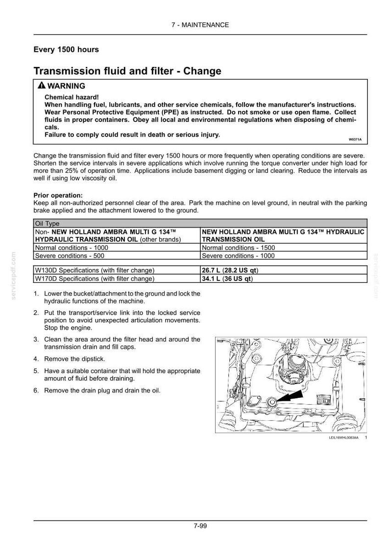 May include: A technical maintenance document page titled Transmission fluid and filter - Change. It includes a warning about chemical hazards, service intervals of 1500 hours, oil type specifications, and a diagram showing a drain plug location.