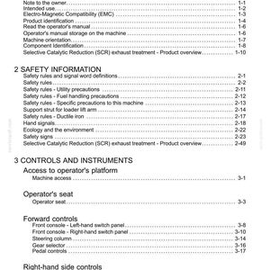 May include: A detailed table of contents from a manual, with headings like "General Information" and "Safety Information." The text is black on a white background. Sections include operator's manual, safety rules, and controls.