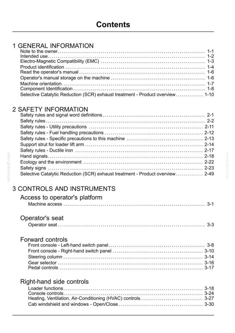 May include: A detailed table of contents from a manual, with headings like "General Information" and "Safety Information." The text is black on a white background. Sections include operator's manual, safety rules, and controls.