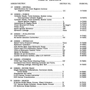 May include: A black and white table of contents for W8B, W9B, and W10B loaders, listing series and sections such as Engine, Fuel System, and Brakes. Each section includes a section number and form number. The document is from Case Corporation.