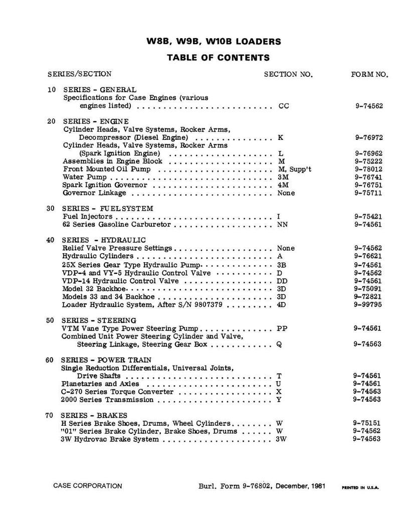 May include: A black and white table of contents for W8B, W9B, and W10B loaders, listing series and sections such as Engine, Fuel System, and Brakes. Each section includes a section number and form number. The document is from Case Corporation.