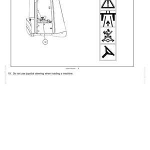May include: A technical diagram labeled 2 - SAFETY INFORMATION showing a machine cabin interior with a joystick. A vertical column of four safety icons is displayed, including a warning triangle and a crossed-out joystick symbol. Text reads: 18. Do not use joystick steering when roading a machine.