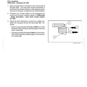 May include: Diagram illustrating gear tooth contact for a rear axle system. Includes instructions for adjusting shim thickness, with measurements in inches. Features numbered components and arrows indicating movement.