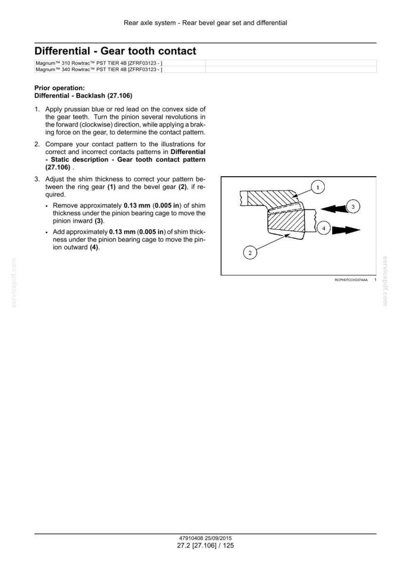 May include: Diagram illustrating gear tooth contact for a rear axle system. Includes instructions for adjusting shim thickness, with measurements in inches. Features numbered components and arrows indicating movement.