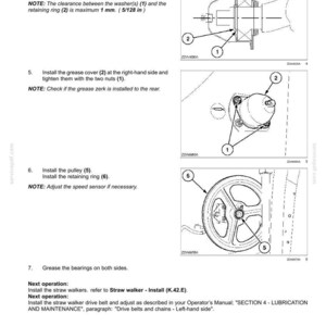 May include: Diagram of crop processing components, including a pulley, retaining ring, and grease cover. Instructions detail installation steps, with measurements in inches. Text includes "Straw walker" and "K.42.E".