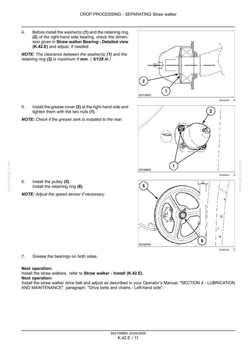 May include: Diagram of crop processing components, including a pulley, retaining ring, and grease cover. Instructions detail installation steps, with measurements in inches. Text includes "Straw walker" and "K.42.E".