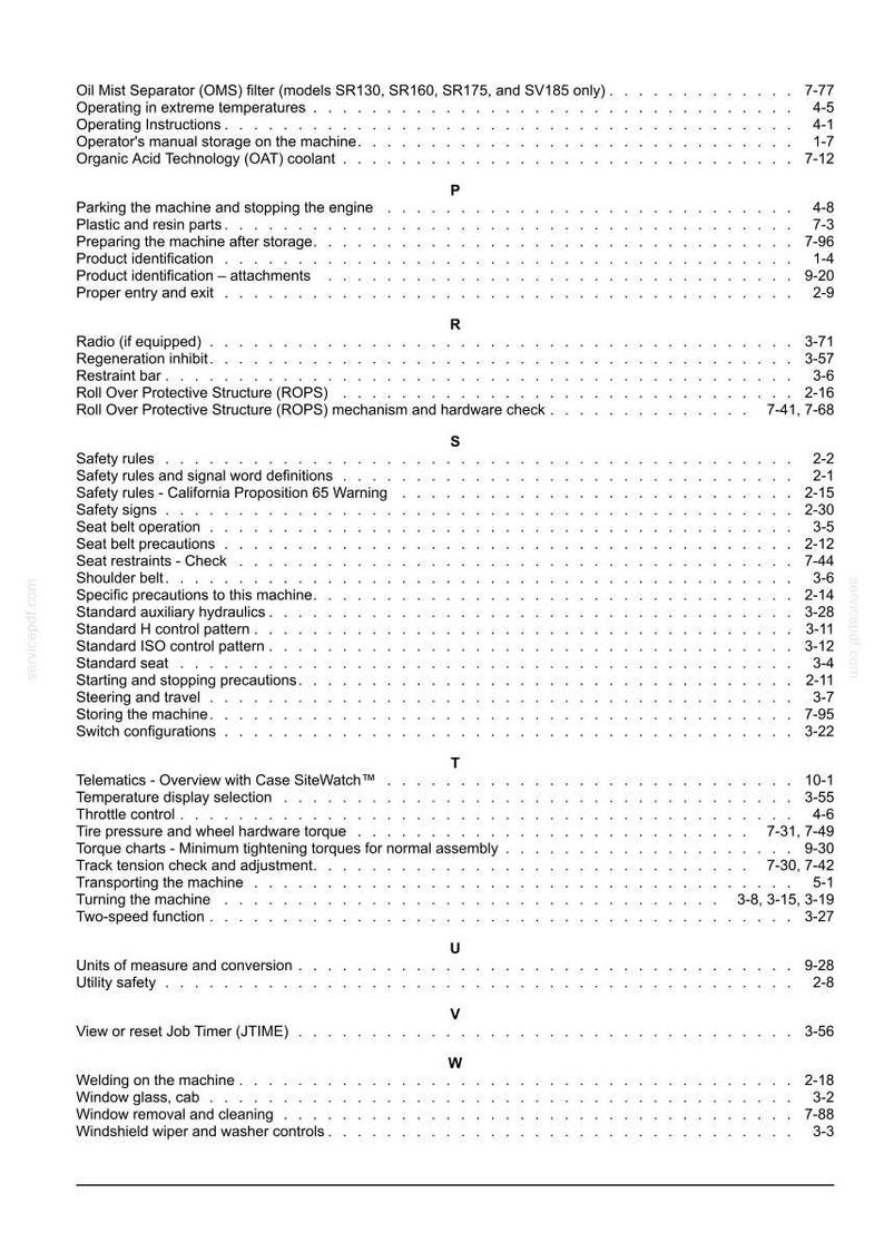 May include: A detailed table of contents from a manual, listing various topics such as safety rules, operating instructions, and maintenance procedures. The text is in black font on a white background.