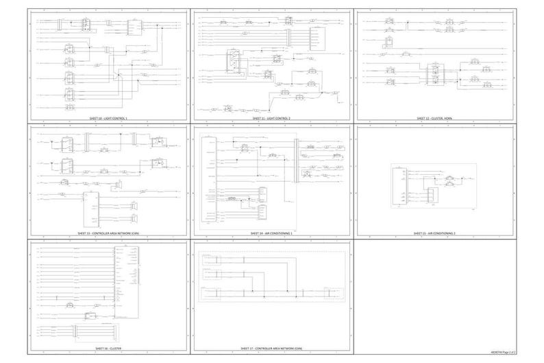 May include: Nine diagrams of electrical schematics, each with detailed line drawings and text labels. The diagrams are arranged in a grid, with each sheet labeled with a specific system, such as "Light Control" and "Air Conditioning".