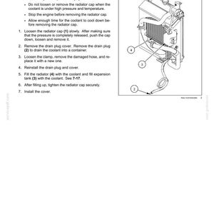 Op de afbeelding: Diagram van een radiator met genummerde componenten voor onderhoudsinstructies. De afbeelding bevat een radiatordop, aftapplug, slangen en een expansievat. Tekst geeft veiligheidsvoorschriften en stapsgewijze instructies.