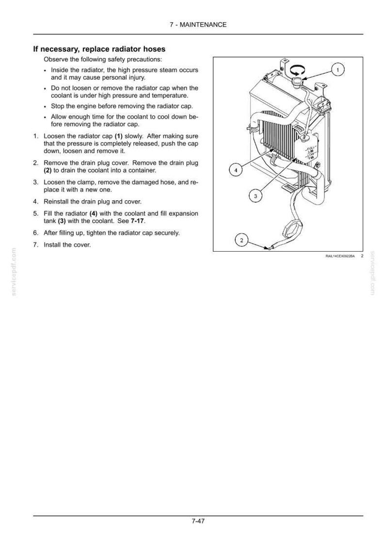Op de afbeelding: Diagram van een radiator met genummerde componenten voor onderhoudsinstructies. De afbeelding bevat een radiatordop, aftapplug, slangen en een expansievat. Tekst geeft veiligheidsvoorschriften en stapsgewijze instructies.