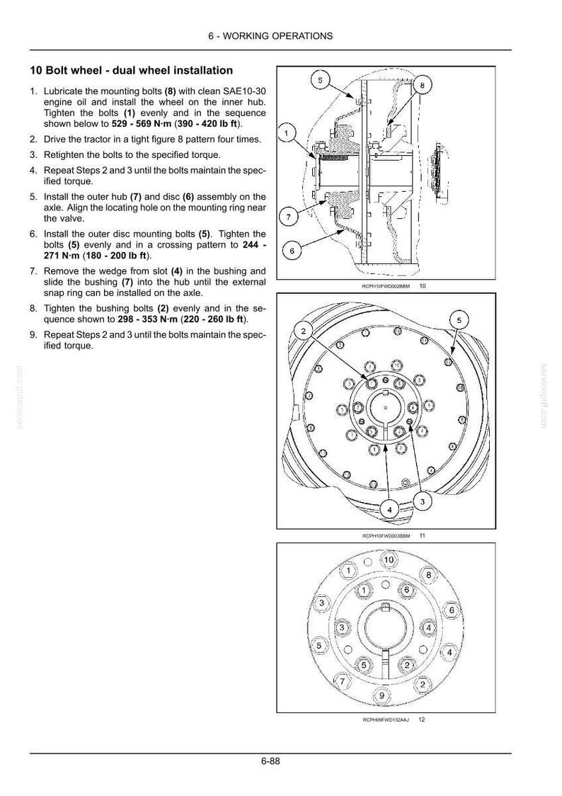 May include: A technical manual page titled 6 - WORKING OPERATIONS 10 Bolt wheel - dual wheel installation. It features black and white line drawings of tractor wheel components with numbered callouts and instructions for bolt torque sequences.