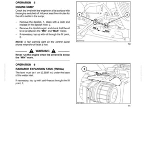 May include: A technical manual page titled Section 4 - Lubrication and Maintenance, detailing engine sump oil checks and radiator expansion tank levels. It includes diagrams with numbered parts, MIN and MAX markings, and safety warnings.