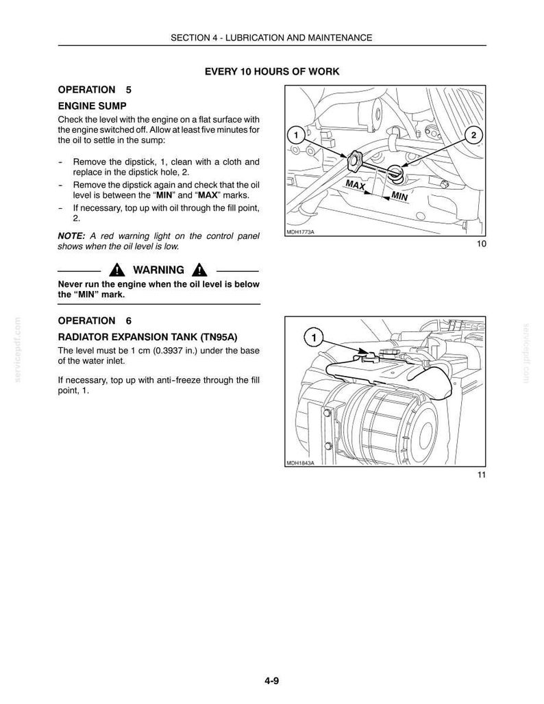 May include: A technical manual page titled Section 4 - Lubrication and Maintenance, detailing engine sump oil checks and radiator expansion tank levels. It includes diagrams with numbered parts, MIN and MAX markings, and safety warnings.
