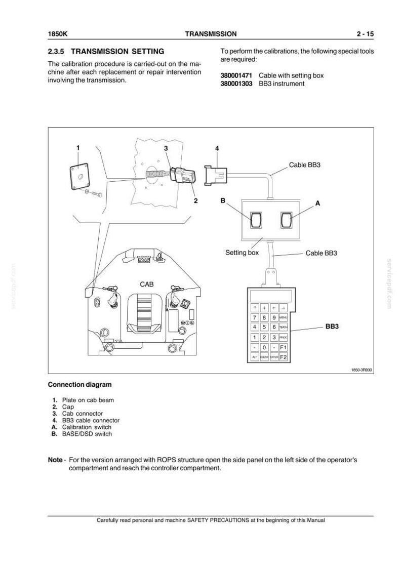 May include: Diagram of a transmission setting procedure, including a setting box, BB3 instrument, and cable connections. The diagram includes labels for components like the cab connector and calibration switch, with text instructions.