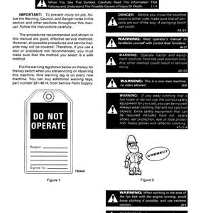 May include: A page from a manual with safety rules and warnings. The text includes instructions and diagrams, such as a "Do Not Operate" tag and a figure of a worker. The manual covers topics like machinery operation and safety precautions.