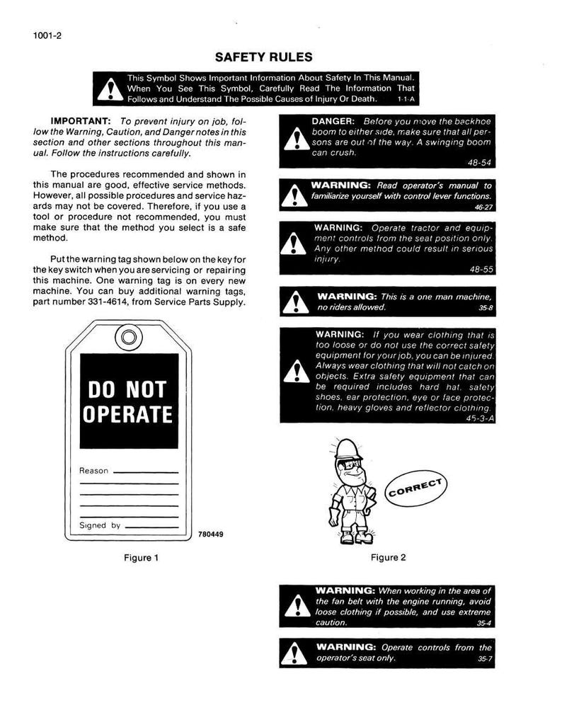 May include: A page from a manual with safety rules and warnings. The text includes instructions and diagrams, such as a "Do Not Operate" tag and a figure of a worker. The manual covers topics like machinery operation and safety precautions.