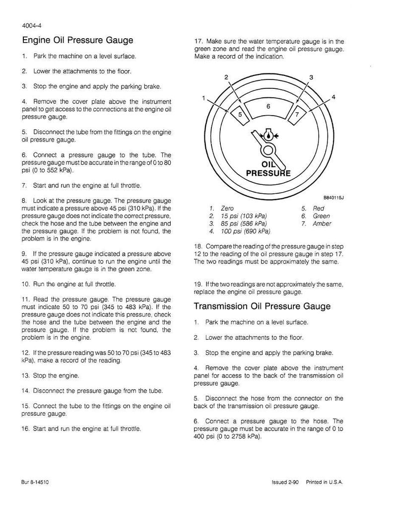 May include: A printed page with instructions for checking engine oil pressure. The text includes steps for using a pressure gauge, with a diagram of the gauge showing pressure readings in psi and kPa. The document is dated 2-90.