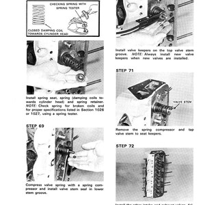 Op de afbeelding: Een zwart-wit technische tekening met instructies voor motorreparatie. De afbeelding bevat diagrammen van motoronderdelen, gereedschappen en stapsgewijze instructies voor de installatie en het onderhoud van klepveren.