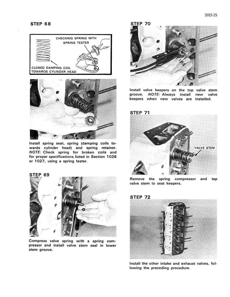 Op de afbeelding: Een zwart-wit technische tekening met instructies voor motorreparatie. De afbeelding bevat diagrammen van motoronderdelen, gereedschappen en stapsgewijze instructies voor de installatie en het onderhoud van klepveren.