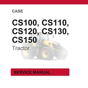 Pode incluir: Imagem de um trator amarelo e preto com o texto "CS100, CS110, CS120, CS130, CS150 Tractor" acima. Um ret&acirc;ngulo vermelho na parte inferior diz "SERVICE MANUAL".