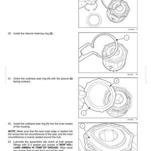 May include: Diagrams illustrating the assembly of a corn header feeder structure. The images show the installation of thrust rings, retaining rings, and urethane seal rings. Instructions include lubricating the slip clutch with grease.