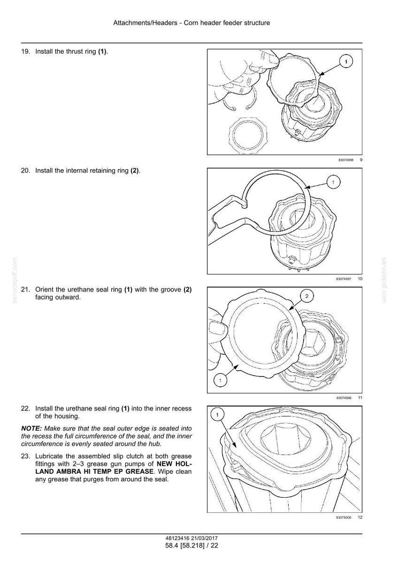 May include: Diagrams illustrating the assembly of a corn header feeder structure. The images show the installation of thrust rings, retaining rings, and urethane seal rings. Instructions include lubricating the slip clutch with grease.