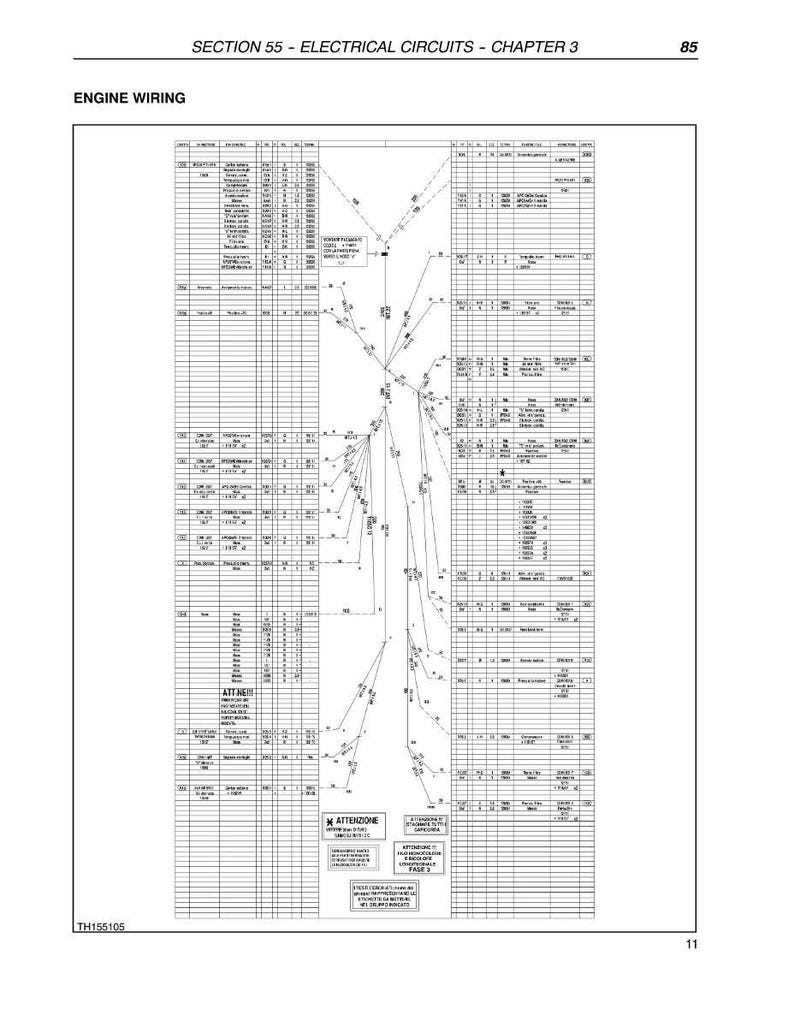 May include: A detailed diagram of engine wiring, with text including "SECTION 55 - ELECTRICAL CIRCUITS - CHAPTER 3" and "ENGINE WIRING." The diagram is primarily black and white, featuring lines, boxes, and text labels. Page number 85 is visible.