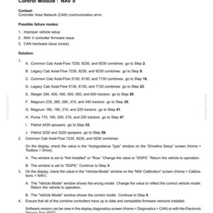 May include: A printed document providing fault codes for a precision farming system's electrical systems. It details troubleshooting steps for Controller Area Network (CAN) communication faults, with instructions for different vehicle models.
