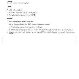 May include: A document detailing fault codes for electrical systems, specifically addressing high hydraulic oil temperature. The text includes context, possible failure modes, and solutions, with a temperature reading exceeding 125&deg;C. The document is labeled with a date and page number.