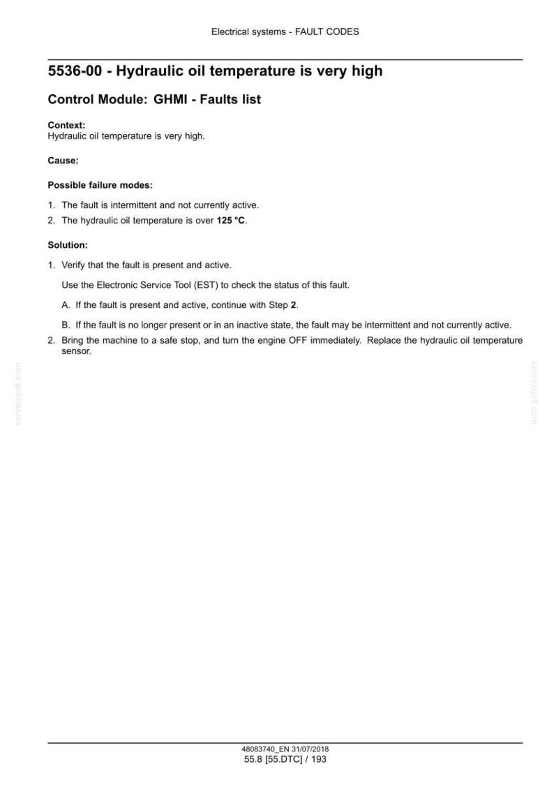 May include: A document detailing fault codes for electrical systems, specifically addressing high hydraulic oil temperature. The text includes context, possible failure modes, and solutions, with a temperature reading exceeding 125&deg;C. The document is labeled with a date and page number.