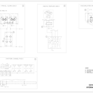 May include: A white schematic diagram of a CX18C excavator's hydraulic system. The diagram includes labels for travel alarm, quick coupler, accumulator, and pattern change. The text "CX18C EXCAVATOR HYDRAULIC SCHEMATIC" is also present.