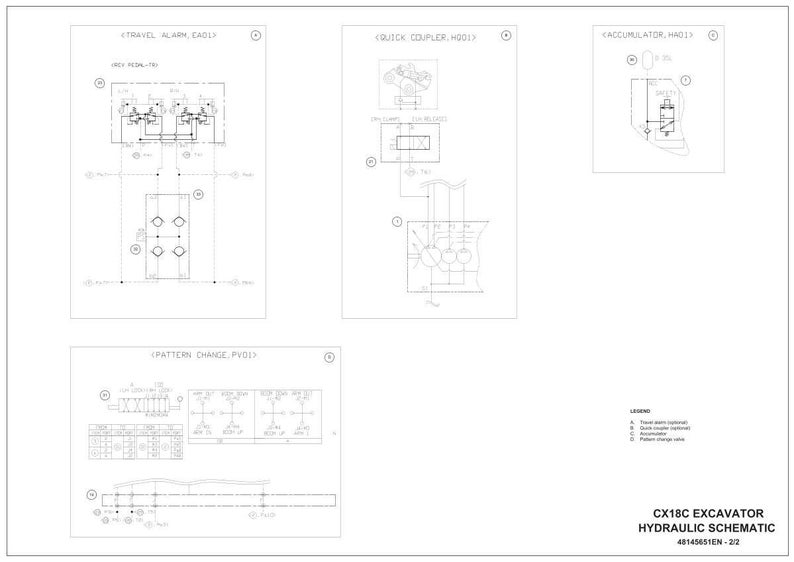 May include: A white schematic diagram of a CX18C excavator's hydraulic system. The diagram includes labels for travel alarm, quick coupler, accumulator, and pattern change. The text "CX18C EXCAVATOR HYDRAULIC SCHEMATIC" is also present.