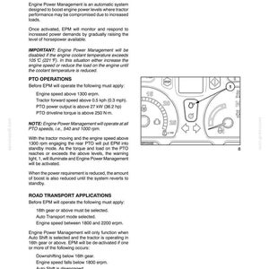 Może przedstawiać: Strona z instrukcji technicznej zatytułowana SECTION 3 - FIELD OPERATIONS, szczeg&oacute;łowo opisująca zarządzanie mocą silnika w ciągnikach. Zawiera instrukcje tekstowe, wymagania operacyjne oraz czarno-biały rysunek techniczny.