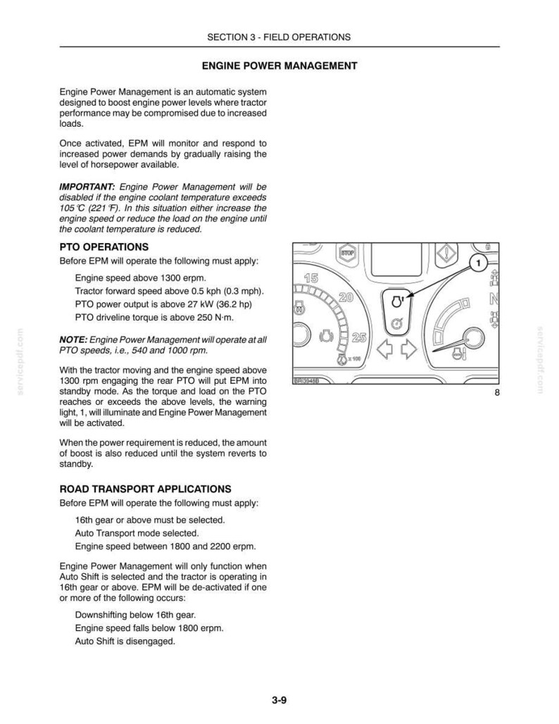 Może przedstawiać: Strona z instrukcji technicznej zatytułowana SECTION 3 - FIELD OPERATIONS, szczeg&oacute;łowo opisująca zarządzanie mocą silnika w ciągnikach. Zawiera instrukcje tekstowe, wymagania operacyjne oraz czarno-biały rysunek techniczny.