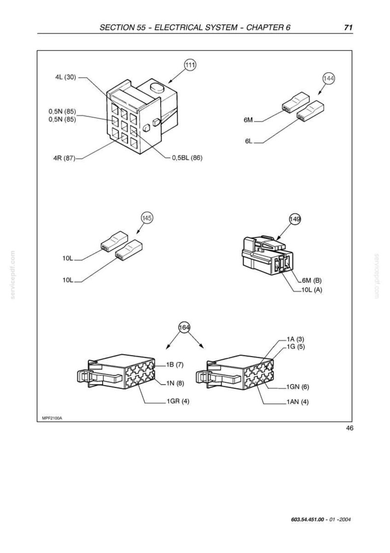 May include: Diagram of electrical system components, including connectors and wiring. The image features various labeled parts, such as 4L, 0.5N, 4R, and 0.5BL, with numbers and arrows indicating connections. The text "SECTION 55 - ELECTRICAL SYSTEM - CHAPTER 6" is at the top.
