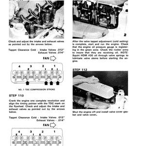 May include: Black and white technical diagram with instructions for valve tappet adjustment. Includes images of engine components, diagrams, and text detailing the steps for cold setting and maintenance. Measurements are in inches.