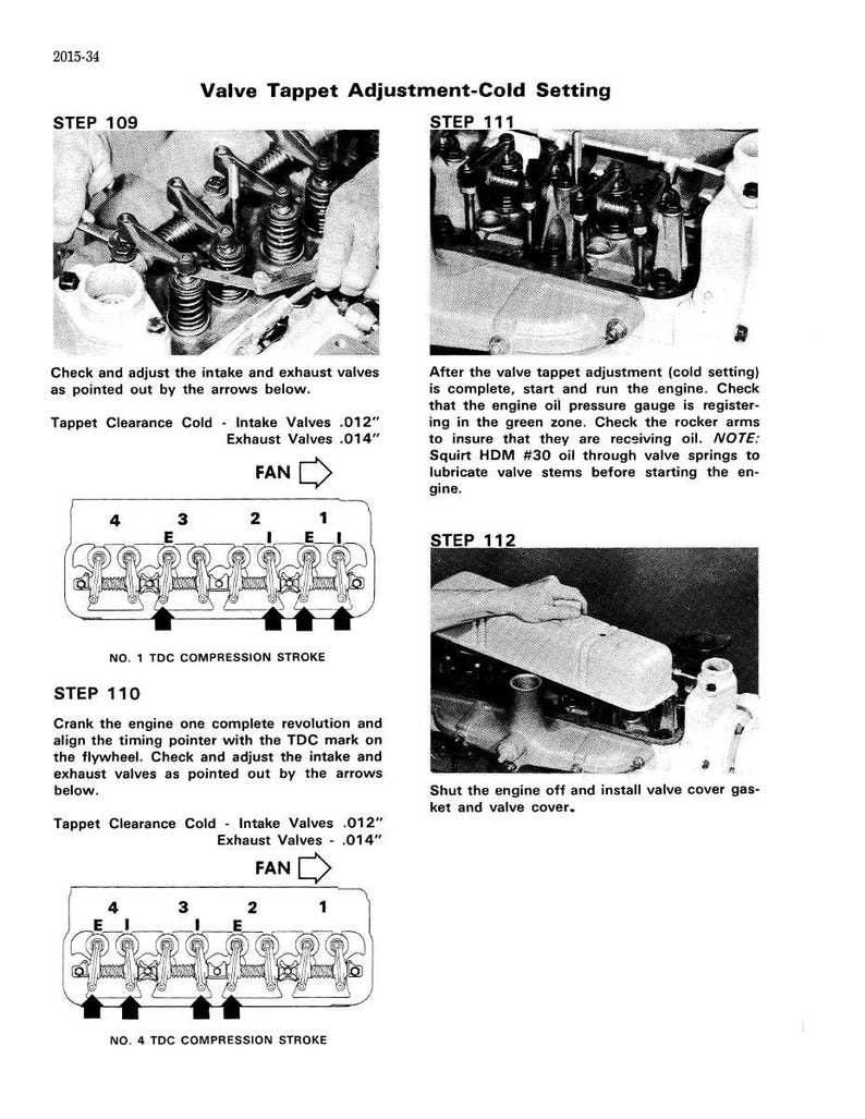May include: Black and white technical diagram with instructions for valve tappet adjustment. Includes images of engine components, diagrams, and text detailing the steps for cold setting and maintenance. Measurements are in inches.