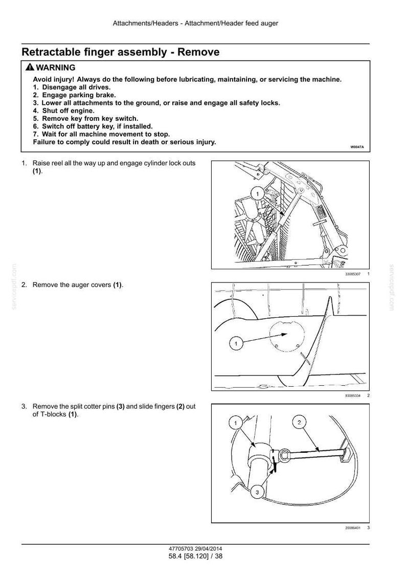 K&ouml;nnte beinhalten: Diagramm zur Entfernung einer einziehbaren Fingeranordnung. Das Bild zeigt nummerierte Schritte mit entsprechenden Illustrationen sowie einen Sicherheitshinweis. Das Diagramm ist in Schwarzwei&szlig; gehalten.
