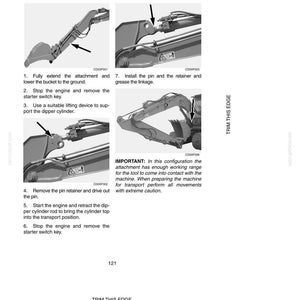 May include: Operating instructions for placing the 3.00 m dipper (if fitted) in transport position (CX130LC). The image shows diagrams with numbered steps and text instructions. The text includes warnings and safety information.