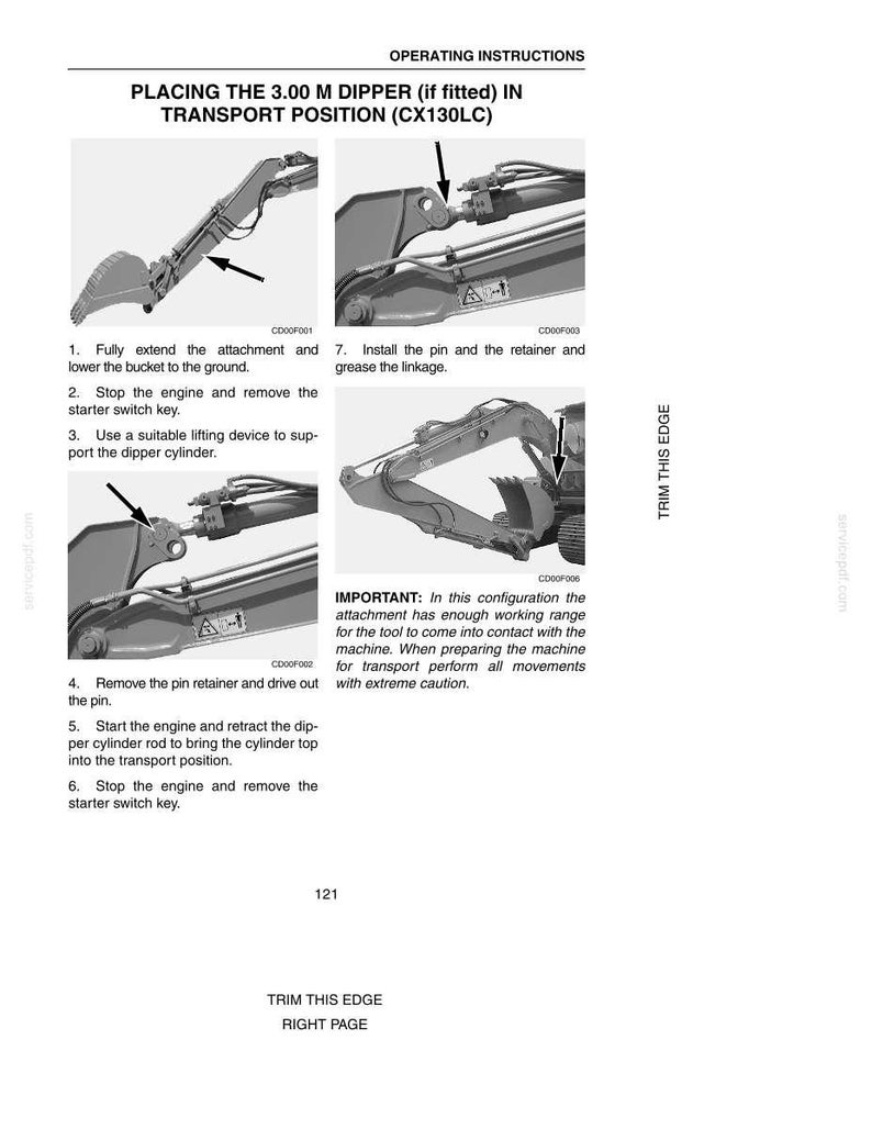 May include: Operating instructions for placing the 3.00 m dipper (if fitted) in transport position (CX130LC). The image shows diagrams with numbered steps and text instructions. The text includes warnings and safety information.