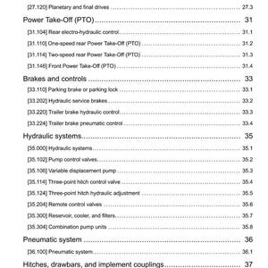 May include: A detailed technical manual page with a table of contents. The sections include Rear Axle System, Power Take-Off, Brakes and Controls, Hydraulic Systems, Pneumatic System, and Hitches.