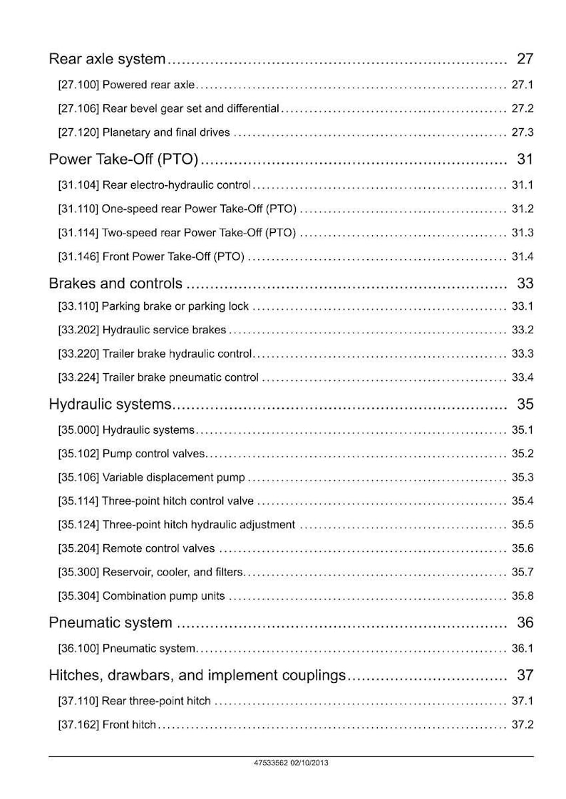 May include: A detailed technical manual page with a table of contents. The sections include Rear Axle System, Power Take-Off, Brakes and Controls, Hydraulic Systems, Pneumatic System, and Hitches.