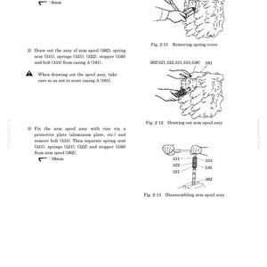 May include: Diagrams illustrating the disassembly of an arm spool, including removing the spring cover, drawing out the arm spool assembly, and disassembling the arm spool assembly. Measurements are provided in millimeters.