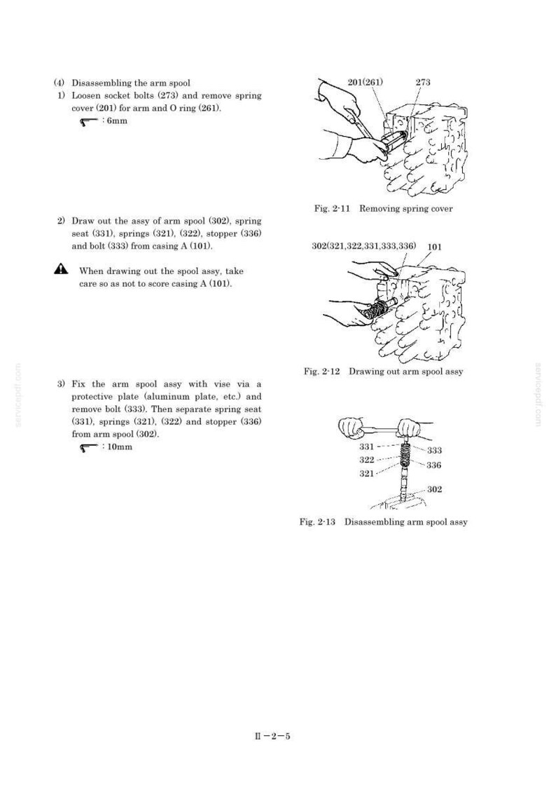 May include: Diagrams illustrating the disassembly of an arm spool, including removing the spring cover, drawing out the arm spool assembly, and disassembling the arm spool assembly. Measurements are provided in millimeters.