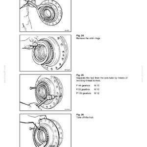 May include: Diagrams illustrating the disassembly of a travel gearbox. The images show steps including unscrewing a nut, removing shim rings, separating the hub, and taking off the hub. Text includes "TRAVEL GEARBOX" and specifications for F44, F55, and F100 gearboxes.