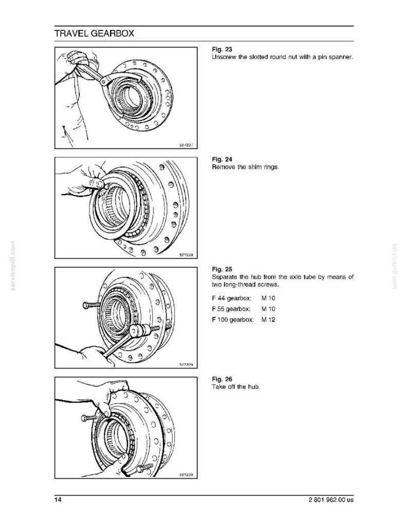 May include: Diagrams illustrating the disassembly of a travel gearbox. The images show steps including unscrewing a nut, removing shim rings, separating the hub, and taking off the hub. Text includes "TRAVEL GEARBOX" and specifications for F44, F55, and F100 gearboxes.